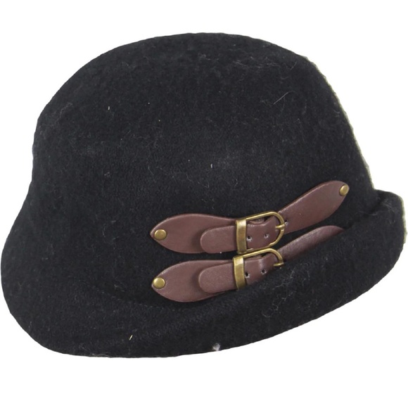 Women's Black Wool Blend Cloche Hat with Buckle Detail - Picture 2 of 2